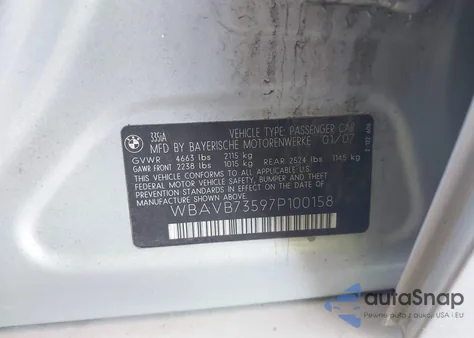 2007 BMW 335I из США, поврежденный, VIN WBAVB73597P100158